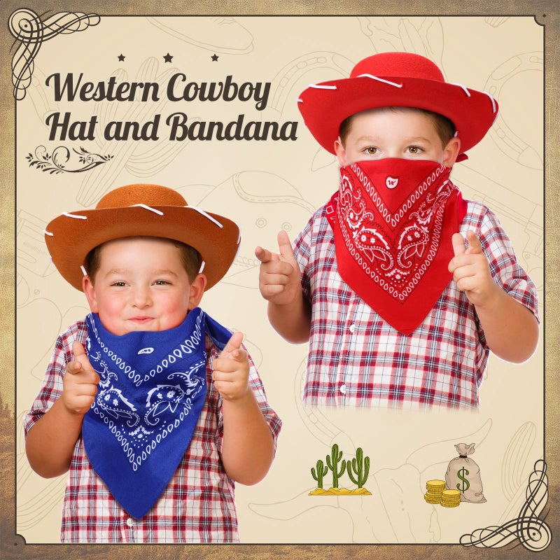 Coume 24 Pieces Cowboy Hats and Bandanas for Kids Western Cowboy Costume Hat Accessories for Toddler Child Western Theme Birthday Party Supplies Halloween Costume Dress(Brown  Red) - Image 4